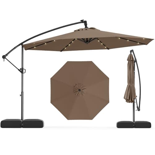 Tangkula 10ft Solar Patio Umbrella with Base Included, Offset Cantilever Outdoor Umbrella with 32 LED Lights, Infinite Tilt, 360 Degree Rotation, Crank Handle for Pool Deck Garden Backyard (Tan)
