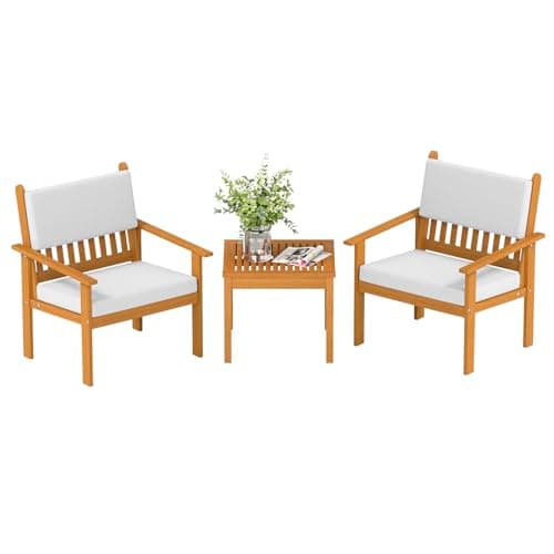 FDW 3-Piece Patio Furniture Set Acacia Wood Patio Bistro Set Outdoor Chat Conversation Table Chair Set Wood Chat Set with Water Resistant Cushions and Coffee Table Chairs for Beach Backyard Garden
