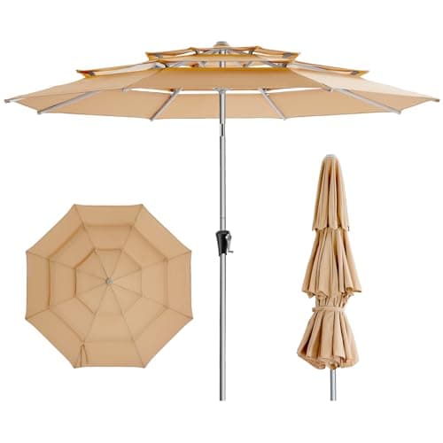 HOMSHADE 9ft Aluminum Patio Umbrella - 3 Tiers Vented Outdoor Commercial Market Table Umbrella, Heavy Duty Wind Proof Deck Pool Umbrellas UPF50+ UV Protection 5-Year Fade Resistant (Beige)