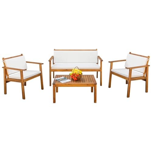 Devoko Patio Furniture 4 Piece Acacia Wood Outdoor Conversation Sofa Set with Table & Cushions Porch Chairs for Garden, Deck, Backyard, Natural