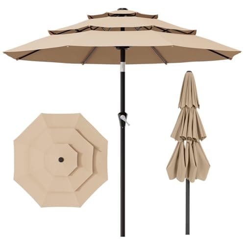 AreShark 9ft 3-Tier Patio Umbrellas, Outdoor Umbrella with 8 Sturdy Ribs UV Protection Windproof, Market Table Umbrella w/Push Button Tilt & Crank for Pool, Porch, Deck, Garden(Beige)
