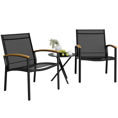 Shintenchi 3 Pieces Patio Bistro Sets, Outdoor Textilene Fabric Conversation Bistro Set, Textilene Fabric Front Porch Chairs Small Patio Furniture Set with Table for Lawn,Garden,Balcony (Black)