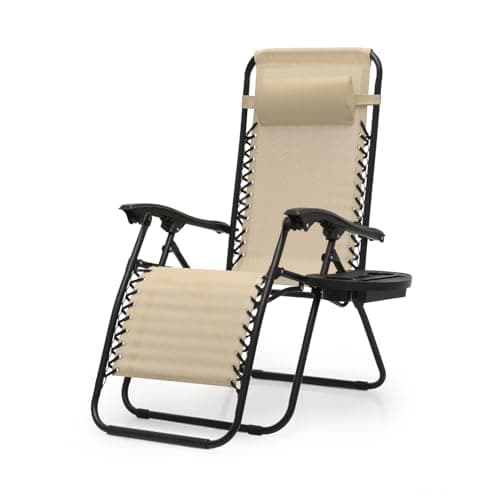 OS MOTOR Zero Gravity Chairs, Portable Folding Reclining Lounge Chairs with Adjustable Pillow and Cup Holder Trays for Outdoor, Patio, Beach, Camping, Garden, Poolside, Beige