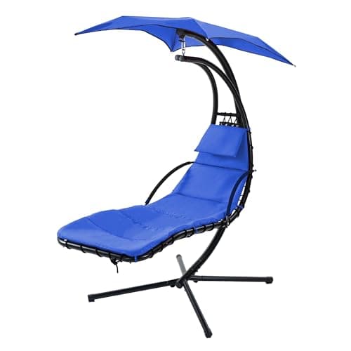 Hammock Hanging Chaise Lounger Chair, Arc Stand Porch Swing Chair with Umbrella and Pillow, Outdoor Hanging Curved Chaise for Patio Poolside Backyard Garden,330 LBS Capacity