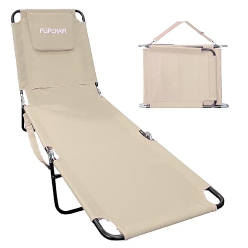 EASYGO PRODUCTS Pool Chair Chaise Lounge 2 Legs Support Polyester Material Reclining Backrest Head Rest Pillow Great for Beach, Home, Backyard, Outdoor, Patio, Pool, Camping, Lawn or Deck Color TAN