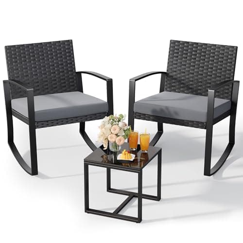 Qsun 3 Pieces Outdoor Patio Furniture Set Rocking Bistro Set Outdoor Rattan Conversation with Coffee Table for Glass Garden Balcony Backyard Poolside (Grey Cushion)