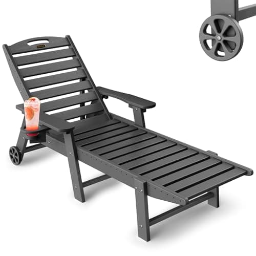 SUUNYN Lounge Chair Outdoor, Chaise Lounge Outdoor, HDPE 6-Position Lounge Chair for Outside, Patio Lounge Chair with Wheels & Cup Holder for Pool Poolside Deck Backyard, Darkgrey