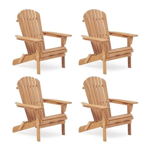SoliWood Outdoor Wooden Folding Adirondack Chair Set of 4 with Pre-Assembled BackRest, Wood Patio Chair for Garden Backyard Porch Pool Deck Firepit