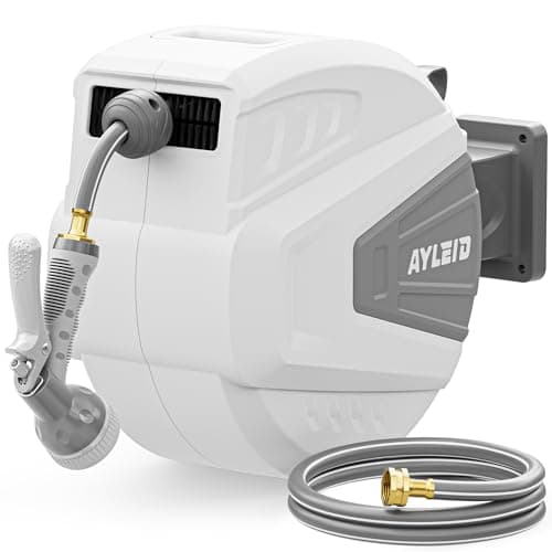 Ayleid Retractable Garden Hose Reel,1/2 in x 100 ft Wall Mounted Hose Reel, with 9- Function Sprayer Nozzle, Any Length Lock/Slow Return System/Wall Mounted/180°Swivel Bracket (Gray)