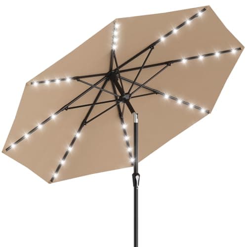 AreShark 9FT Patio Umbrella with Solar Lights, 32 Lighted Pool Umbrella w/Tilt and Crank, Outdoor Market Solar Umbrellas for Garden, Deck, Backyard, Pool and Beach, Beige