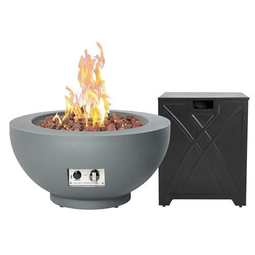 28-Inch Gas Fire Pit with Propane Tank Cover, 58,000 BTU Round Propane Fire Pit Table, Patio Fire Bowl Firepit with Lid, Lava Rocks, Cover, Pre-Attached 10FT Propane Hose, Gray