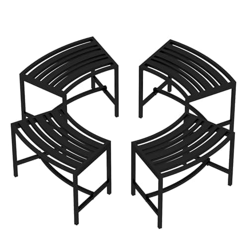 Timechee Metal Outdoor Curved Fire Pit Bench Set of 4, Fire Pit Seating Waterproof, Steel Backless Outside Tree Bench for Garden,Patio,Porch,Backyard,Heavy Duty Plant Holder, Style 3, Black