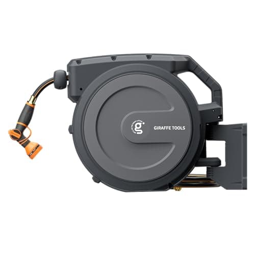 Giraffe Tools Retractable Garden Hose Reel 1/2 Inch x 155 with 5 ft Leader Hose, Heavy Duty, Any Length Lock, Slow Return System, Wall Mounted and 180 Deg Swivel Bracket