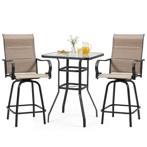 HOMREST 3 Piece Outdoor Swivel Bar Stools Set,Outdoor High Top Table and 2 High Swivel Stools Chair with Padded,All Weather Outdoor High Top Bistro Set Furniture for Patio,Balcony,Light Brown
