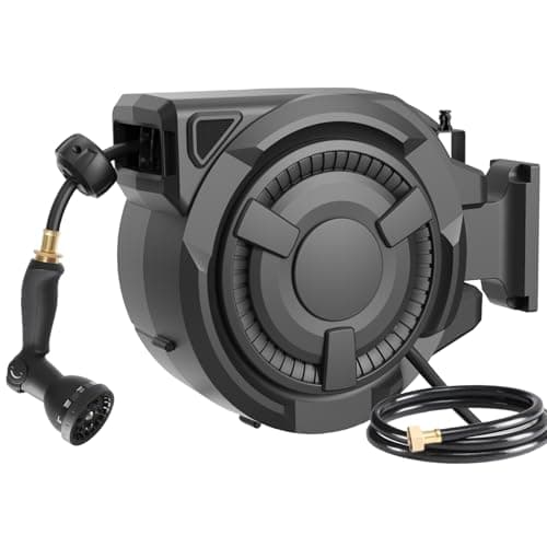 wikiwiki Retractable Garden Hose Reel 1/2 in x 100 ft, Heavy Duty Wall Mounted Hose Reel with 10- Function Sprayer Nozzle, Automatic Slow Return System/180°Swivel Bracket/UV Resistant (Black)