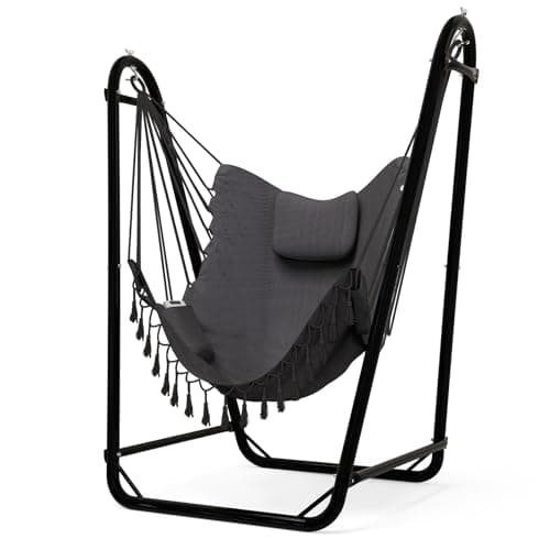 Unique U-Shaped Hammock Chair with Stand,Sturdy & Rust-Resistant,Free Gray Cotton Hammock Chair