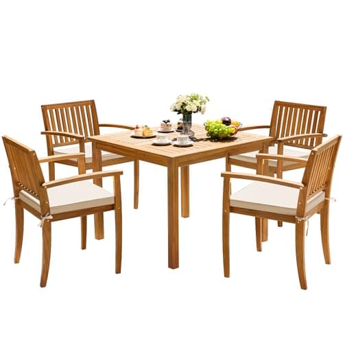 Greesum 5 Piece Patio Dining Set Outdoor Solid Wood Furniture for Yard, Garden, Porch w/Square Tabletop & 4 Chairs, White