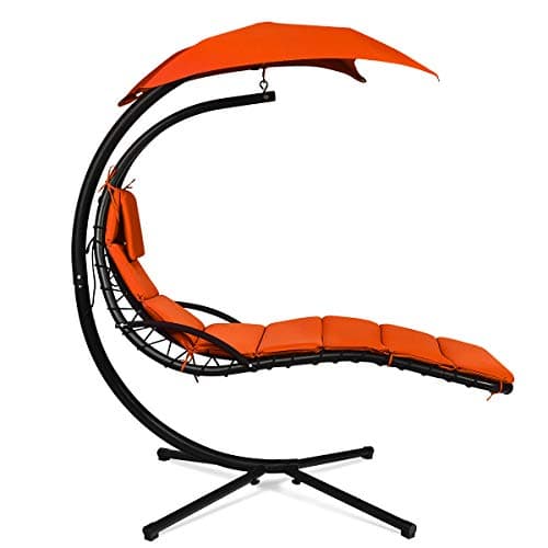 Giantex Hanging Chaise Lounger Chair, Arc Stand Porch Swing Chair w/Canopy, Cushion Built-in Pillow, Outdoor Freestanding Swing Hammock Chair for Patio Poolside Backyard Garden (Orange)
