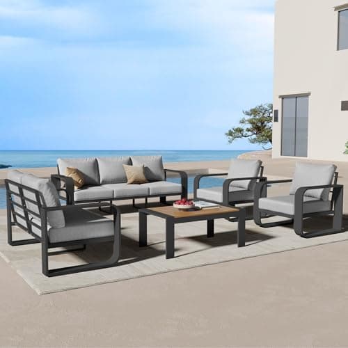 Oasbira Aluminum Outdoor Patio Furniture Set, 5 Piece Oversized Patio Conversation Sets Widened Armrest & Ultra-Thick Cushions, Heavy Duty Modern Sectional Furniture for Backyard, Porch, Gray