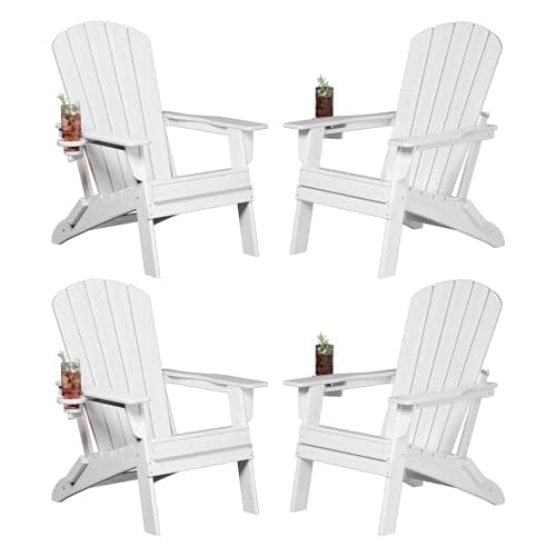 Plawdlik Folding Adirondack Chair, SGS Tested, Wooden Textured with Cup Holder, Heavy All-Weather HDPE Comfortable Set Poolside Backyard Lawn White Set 4
