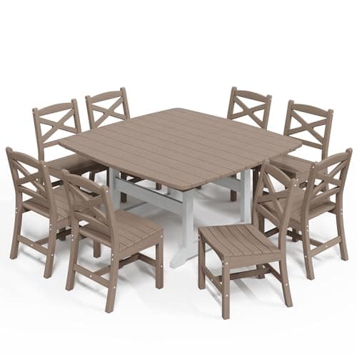 Polyhouz Outdoor Dining Set, HDPE 9-Piece Patio Table and Chairs Set, All-Weather Outdoor Dining Table Set for 8 with Umbrella Hole, Durable Patio Furniture Set with Chairs,White Brown