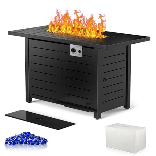 Xbeauty Fire Pit Propane Gas FirePit Table 43" Outdoor Fire Pit Rectangular Tabletop with Lid, Rain Cover, for Outside Garden Backyard Deck Patio