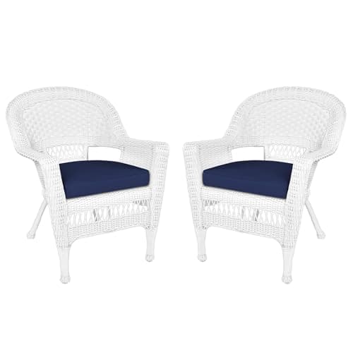 Jeco Wicker Chair with Blue Cushion, Set of 2, White/W00206-