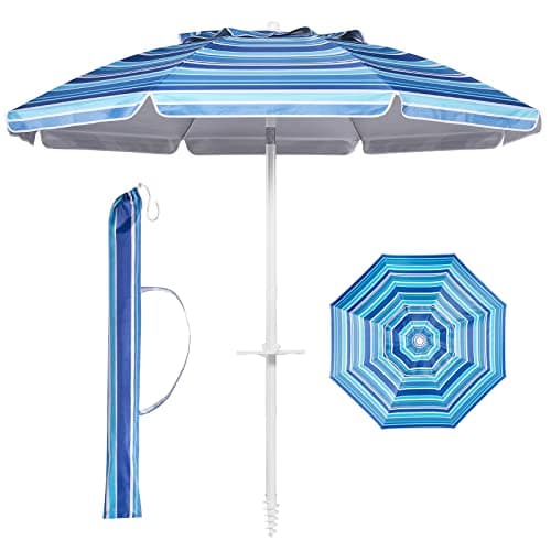 Aoxun Beach Umbrella with Tilt Pole, Portable Sand Anchor and Carry Bag, UPF 50+ Sun Shelter Air Vents Design for Outdoor Activities (Navy Blue & White), 6.5ft