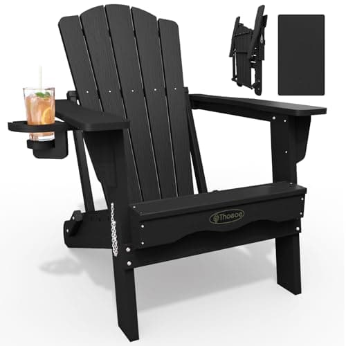 THOEOE Folding Adirondack Chair,HDPE All-Weather Outdoor Chair with Cup Holder,Wooden Textured,Fire Pit Chair,Plastic Patio Chair for Deck,Backyard,Garden,Lawn, Black