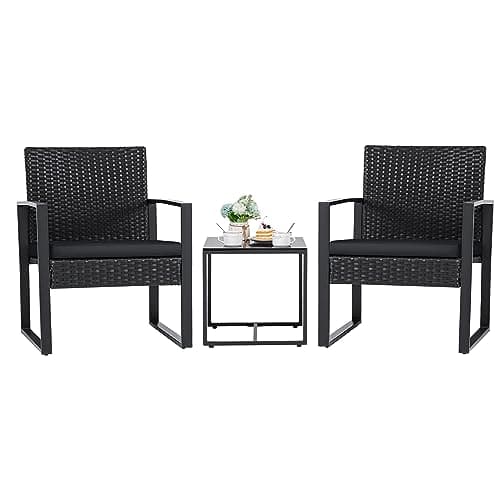 Flamaker 3 Pieces Outdoor Patio Wicker Furniture Set, Modern Rattan Chair Conversation Sets with Coffee Table for Yard and Bistro (Black)