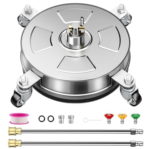 14" Pressure Washer Surface Cleaner with 4 Wheels, Stainless Steel Housing, 4000 PSI Max, 3 Connect Nozzles & 2 Extension Wands, Pressure Washer Surface Cleaner for Concrete, Patios, Sidewalks