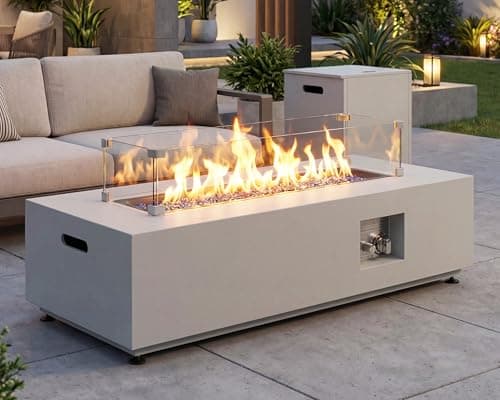 NICESOUL 42" Outdoor Propane Fire Pit Table, 50,000 BTU Rectangle Natural Gas Firepit with Tank Table, No Assembly Low Profile Fire Table for Outside Patio & Backyard, CSA Certified, Grayish White