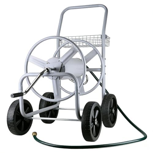 Hose Reel Cart, 250 FT of 5/8’’ Hose, Heavy-Duty Water Hose Cart with 4 Wheels, Storage Basket, Portable Water Hose Organizer for Outside Yard, Outdoor Planting Tool (Sliver)
