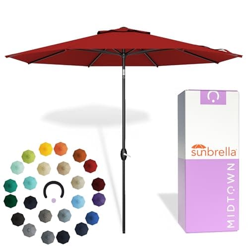 Midtown Umbrellas - The Lean 9 Ft Patio Umbrella with Fade-Resistant Sunbrella Fabric, Auto-Tilt Aluminum Frame and 8 Reinforced Ribs for Deck, Pool & Garden - Red Canopy, Black Pole