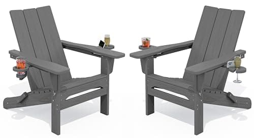SERWALL Outdoor HDPE Adirondack Chair Set 2,Folding Adirondack Chair with Cup Holders, All Weather Resistant Modern Adirondack Chair, Gray