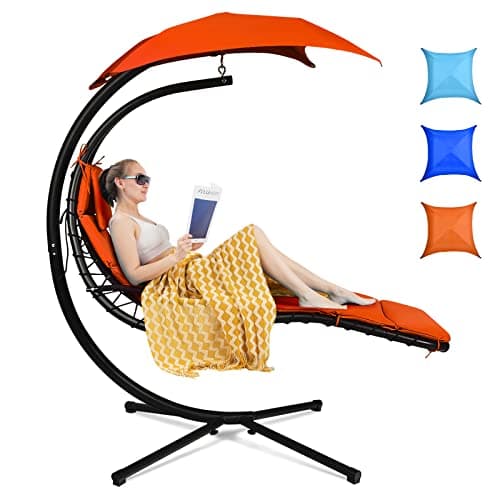 Tangkula Hanging Chaise Lounge, Arc Stand Floating Hammock Swing Chair w/ Canopy and Built-in Pillow, Curved Steel Patio Lounge Chair, Freestanding Hammock Chair with Stand for Patio Backyard Garden