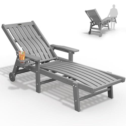 THOEOE Patio Chaise Lounge Chair, Oversized Lounge Chair Outdoor with 5 Positions, HDPE, Patio Lounge Chair with Wheels & Cup Holder for Pool, Deck, Poolside,Grey
