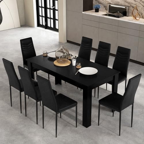 Giantex 9-Pieces Dining Table Set for 6-8, Modern Rectangular Kitchen Table with 8 PVC Leather Dining Chairs, 330Lbs Space-Saving Dinette Set for Breakfast Nook, Kitchen, Restaurant, Cafe, Black