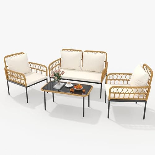 FinerFurnis 4 Pieces Patio Furniture Set,Outdoor All-Weather Wicker Rattan Bistro Set with Glass Table and Thick Cushions Boho Loveseat Chairs for Balcony Garden Backyard Poolside,Beige