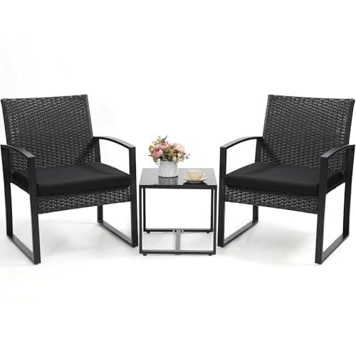 Murago 3 Piece Wicker Patio Bistro Set, Rattan Conversation Set with Coffee Table, Black Frame with Black Cushion