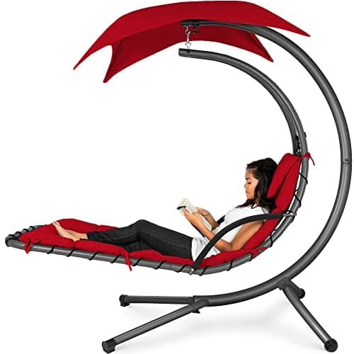 Best Choice Products Outdoor Hanging Curved Steel Chaise Lounge Chair Swing w/Built-in Pillow and Removable Canopy - Red