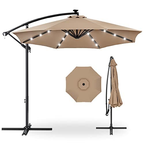 Best Choice Products 10ft Solar LED Offset Cantilever Hanging Market Patio Umbrella, 8 Sturdy Ribs, Easy Adjustment - Tan