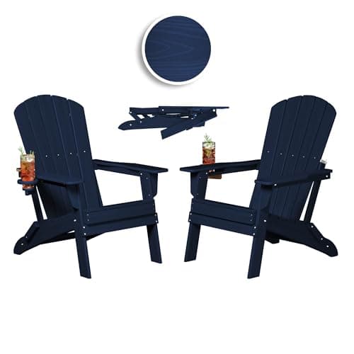 Plawdlik Folding Adirondack Chair, SGS Tested, Wooden Textured with Cup Holder, Heavy All-Weather HDPE Comfortable Set Poolside Backyard Lawn Navy Blue Set 2