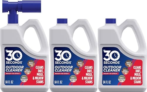 30 Seconds Outdoor Cleaner | Cleans Moss & Algae Stains from House, Vinyl Siding, Deck, Patio, Fence - 3 Capped Bottles, 1 Hose End Spray Attachment (64 Fl Oz (Pack of 3)