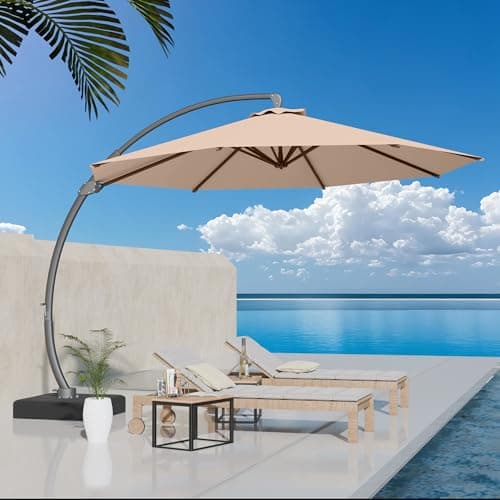Kingdura 11ft Offset Cantilever Patio Umbrella with Base Included, Large Round Aluminum Outdoor Umbrella, 360° Rotation & Infinite Tilt, Heavy Duty Frame for Deck Pool Backyard, Beige