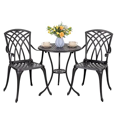 NUU GARDEN Patio Bistro Sets 3 Piece Cast Aluminum Bistro Table and Chairs Set with Umbrella Hole Bistro Set of 2 for Patio Backyard, Black