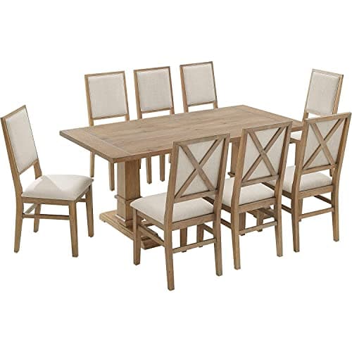 Crosley Furniture Joanna 9-Piece Modern Farmhouse Dining Table Set for 8 with Upholstered Chairs, Rustic Brown/Creme