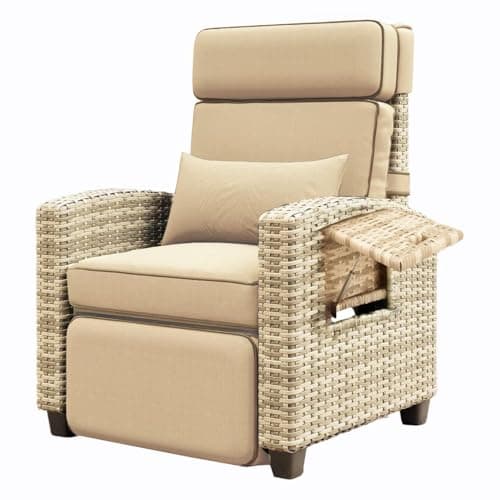 Garvee Outdoor Recliner Chair, 145° Adjustable Backrest & Footrest Lounge Chair with Removable Cushion and Flip-Up Side Table, All-Weather PE Wicker & Steel Frame for Poolside, Deck, Balcony, Khaki