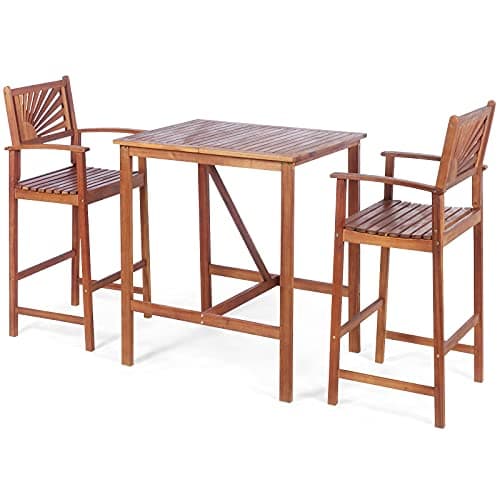 COSTWAY 3PCS Bar Table Set, Outdoor Acacia Wood Dining Set, Spacious Tabletop, Comfortable Backrest, Suitable for Sunroom, Backyard, Balcony, Space Saving Design