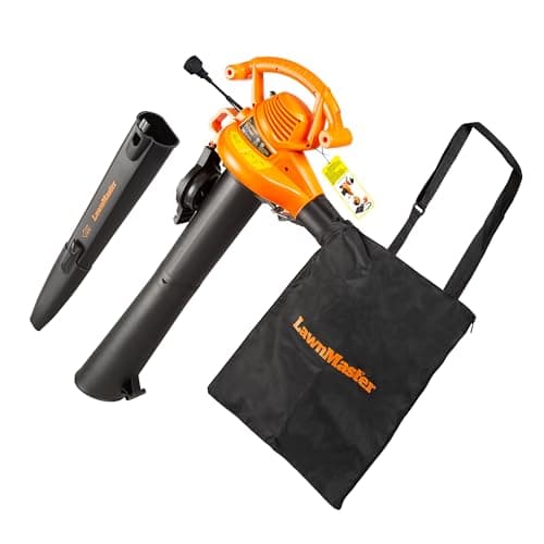 LawnMaster BV1210 Electric Blower Vacuum Mulcher 12 Amp 2-Speed Adjustment with Metal Impeller 240 MPH 380 CFM 16:1 Mulch Ratio with Collection Bag